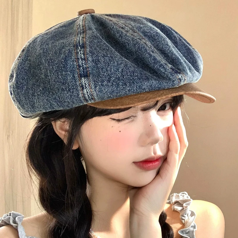 Vintage Niche Patch Design Denim Berets for Women Spring and Summer Street Trend Sun Protection Versatile Octagonal Newsboy Hat