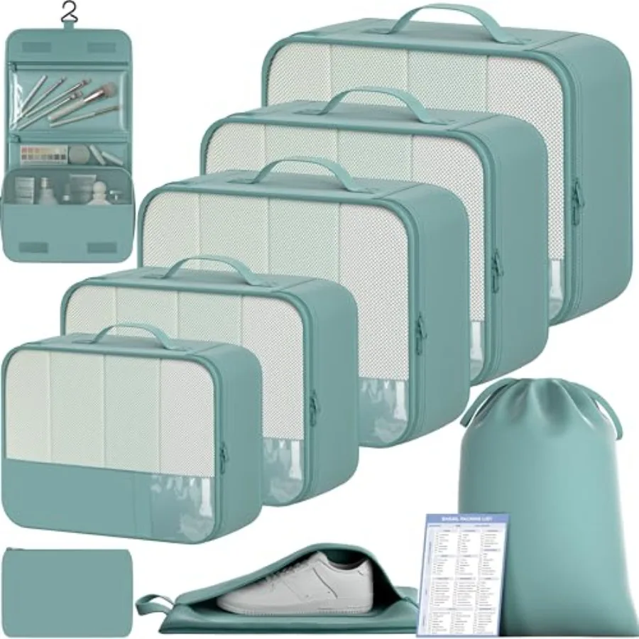 

9 Set Packing Cubes with Packing List Luggage Organizers for Travel in Compact Lightweight Fabric with Color-Coded Compartments