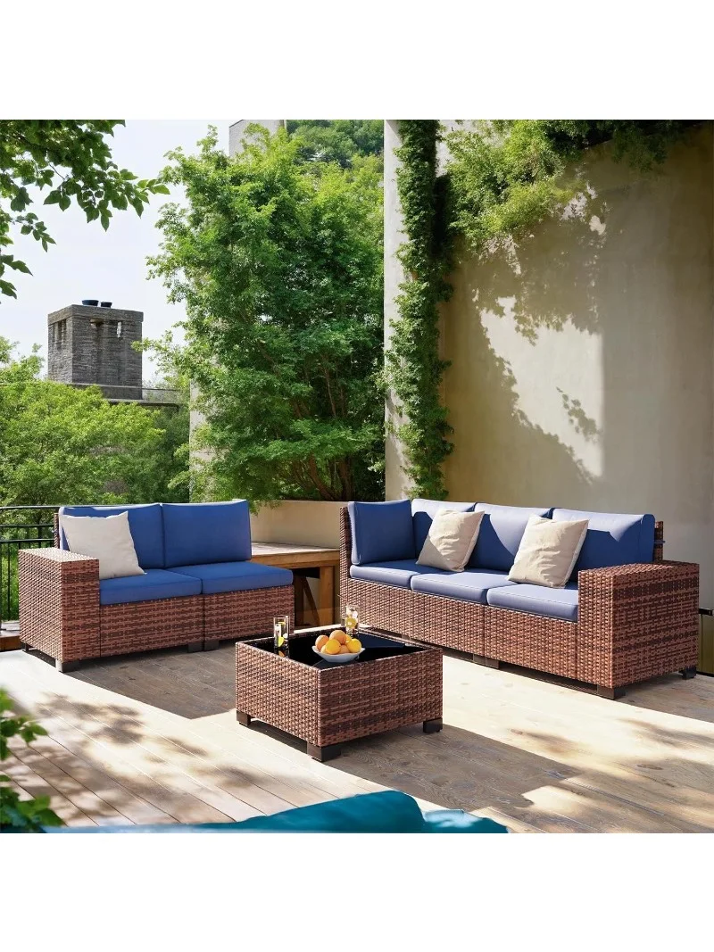 Outdoor Sectional Furniture Set 6-piece Brown Rattan Wicker Conversation Sofa Set with Glass Top Table and Waterproof Covers