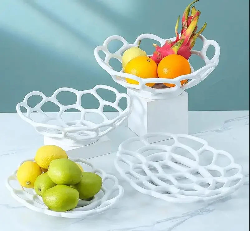 Hollow Fruit Plate Ceramic Tableware Hotel Living Room Table Decoration Home Handicraft Ornaments