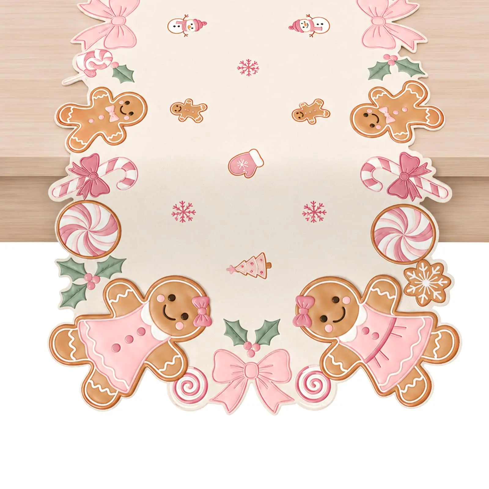 Pink Gingerbread Man Christmas Table Runner Pastel Candy Bow Snowman Xmas Table Decor for Holiday Family Dinner Party