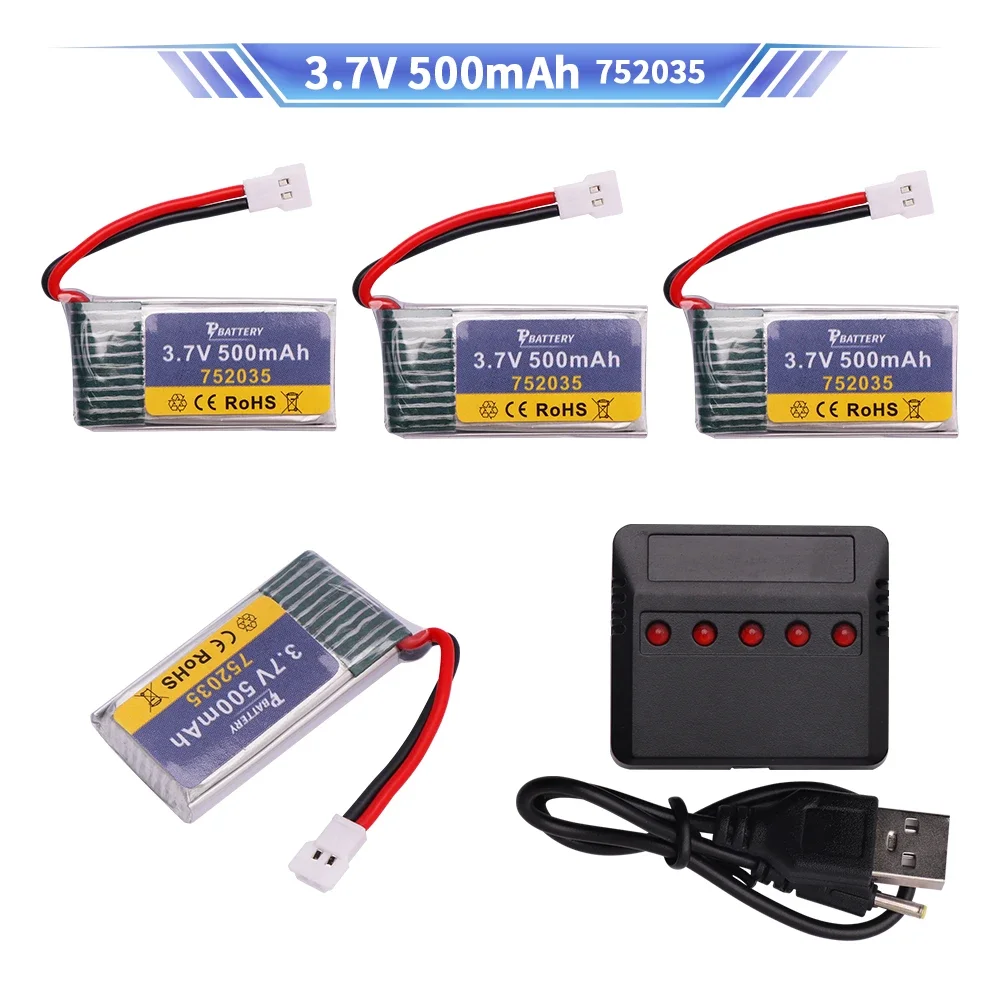 3.7V 1S 500mAh 752035 Lipo Battery with Charger For H107 H31 KY101 E33C E33 RC Drone Helicopter Spare Parts 3.7V Battery XH2.54