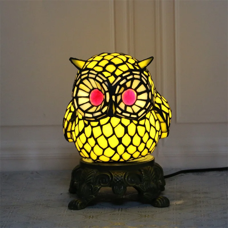 BELLE Tiffany Glass Table Lamp LED Cartoon Creative Owl Desk Light Fashion Decor For Home Children's Bedroom Bedside