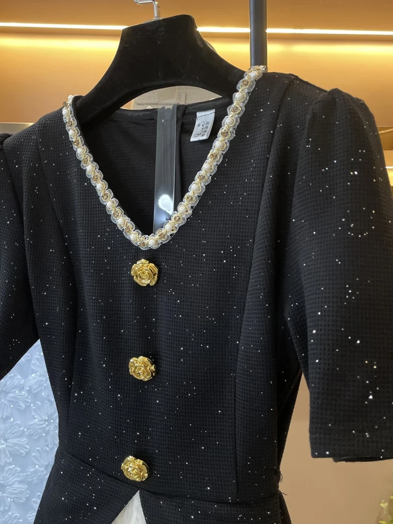 Nova bela malha em camadas saia retalhos vestido flor dourada único breasted chique com decote em v elegante vestido de festa francês jovens