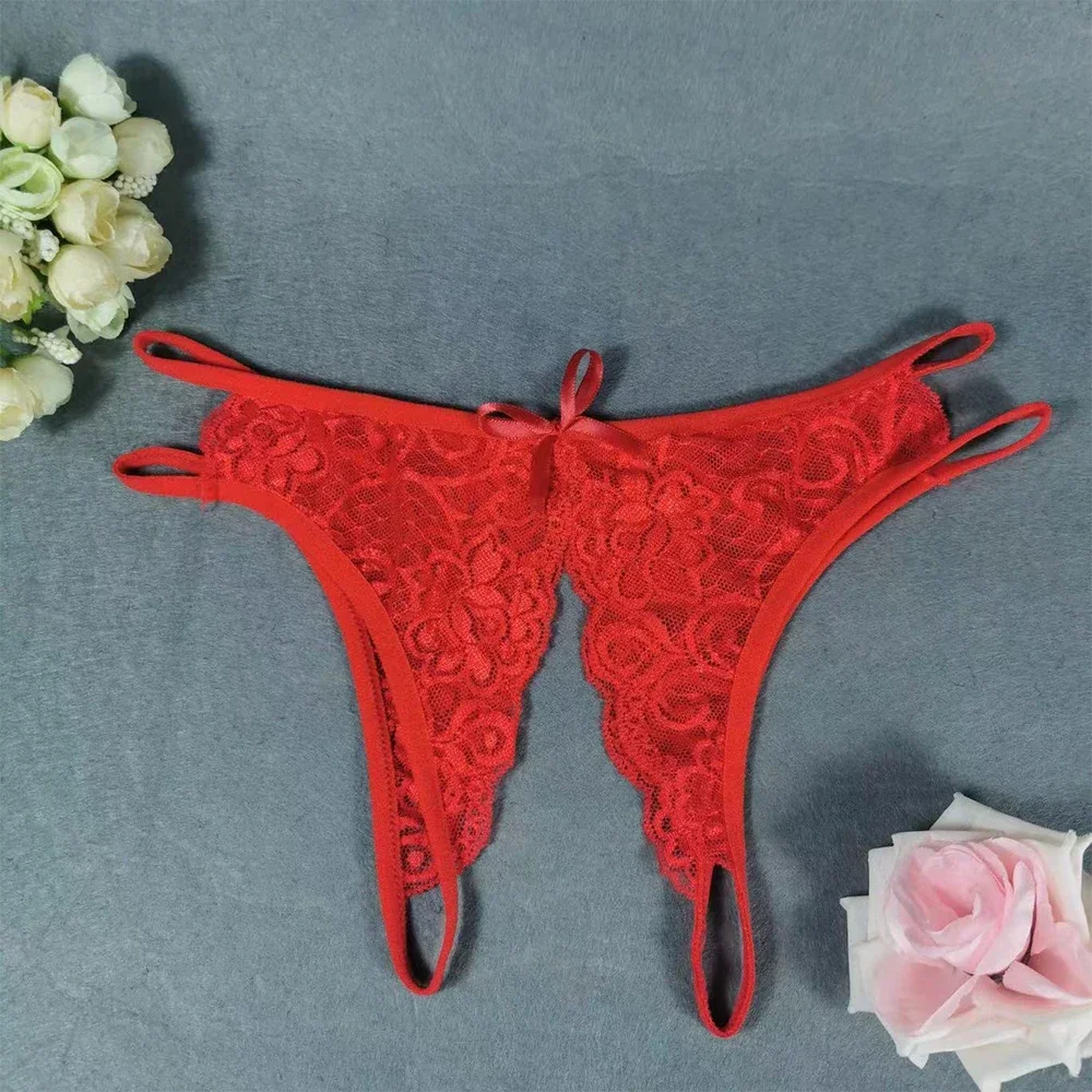 Sexy Crotch Opening Women\'s Sheer Panties Lingerie Lace Crotchless Underwear Thong Floral Temptation Embroidered G-String A50