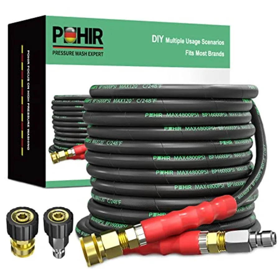 

3/8 Pressure Washer Hose 50 FT for Cold and Hot Water Max 248F with Quick Connect 4800psi Kink Resistant Industry Grade Steel W