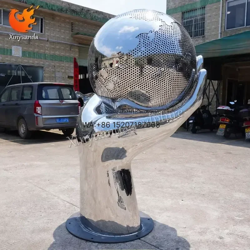 Wmwmnu Custom Large Outdoor Stainless Steel Mirror Hollow Sculpture Hand Holding Earth Ornament Polished Technique for Scenic
