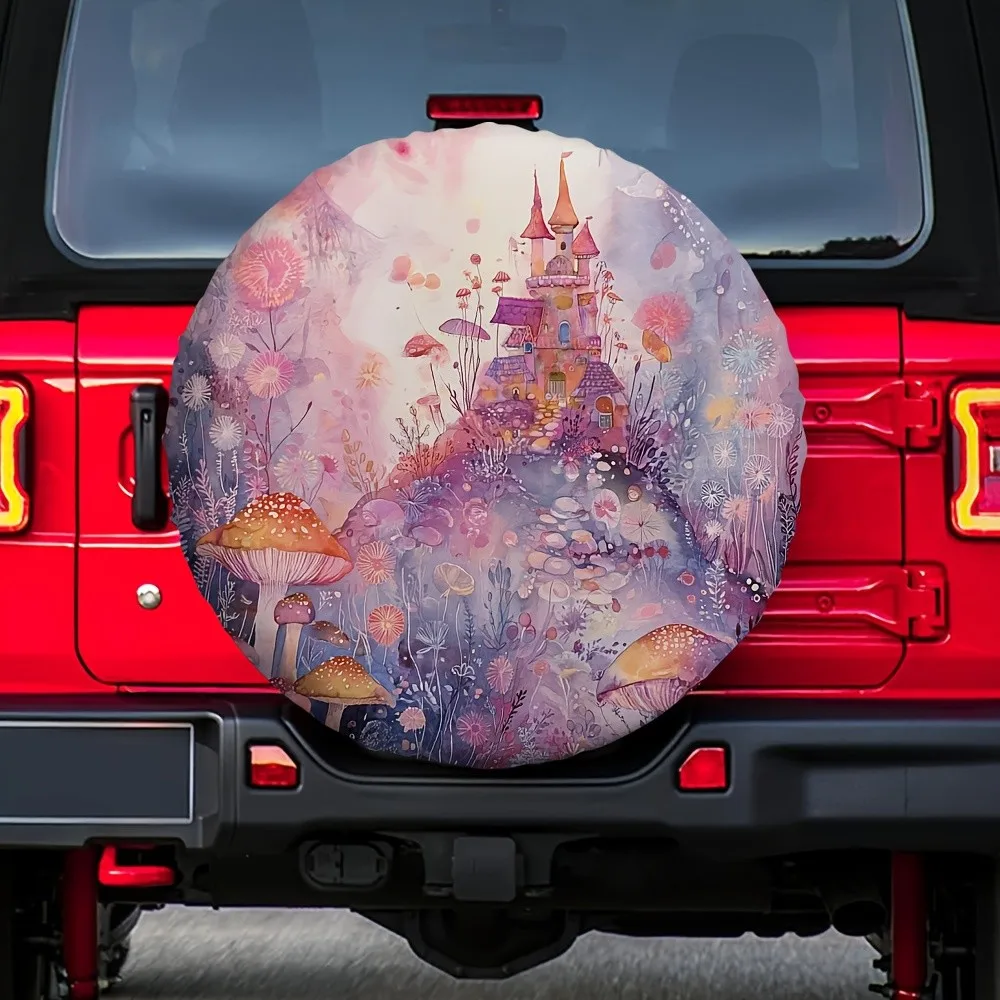 

Fantasy Castle Mushroom Tire Cover Polyester Waterproof Dustproof Spare Wheel Protector for SUV