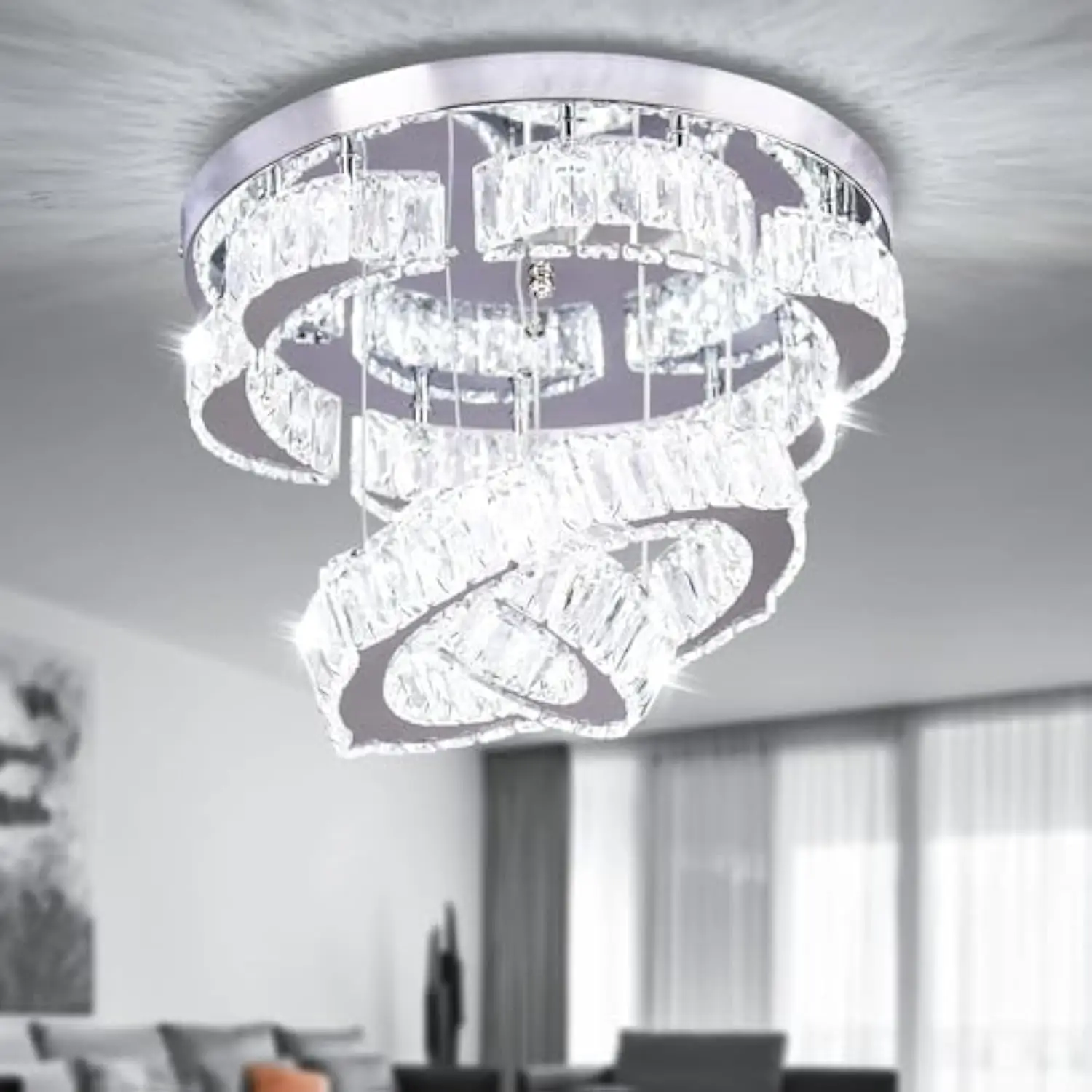 

15.7" Modern Crystal Chandelier Flower LED Flush Mount Ceiling Light 2 Rings Round Chandeliers for Living Room Dining Room Bedr