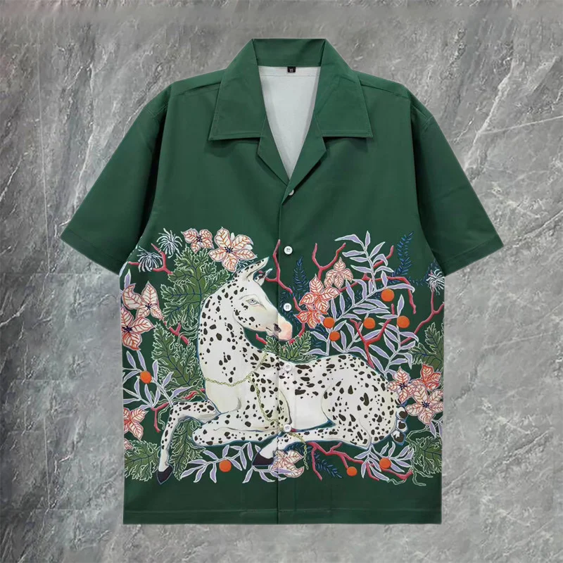 

European Print Shirt Camisa Floral Masculina Animal Shirt Men Streetwear Green Shirts Men Dress Camiseta Hombre Social Shirt