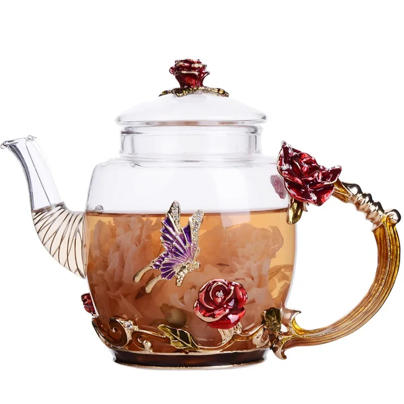 Hand-painted Enamel Color Tea Pot Heat-resistant Glass Single Japanese Teapot Infuser Pu Erh Kettle Gaiwan Set