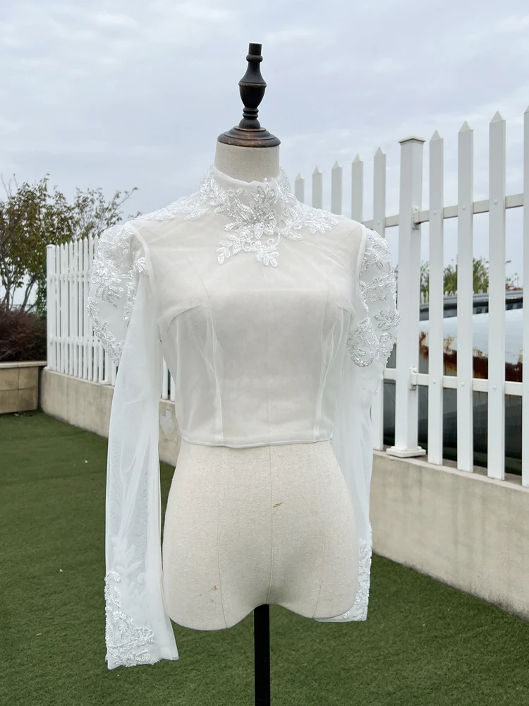 GOHYPDUG Custom Jackets Wraps Fashion High Neck Long Sleeve White Sheer Lace Wedding Top Jacket Bolero