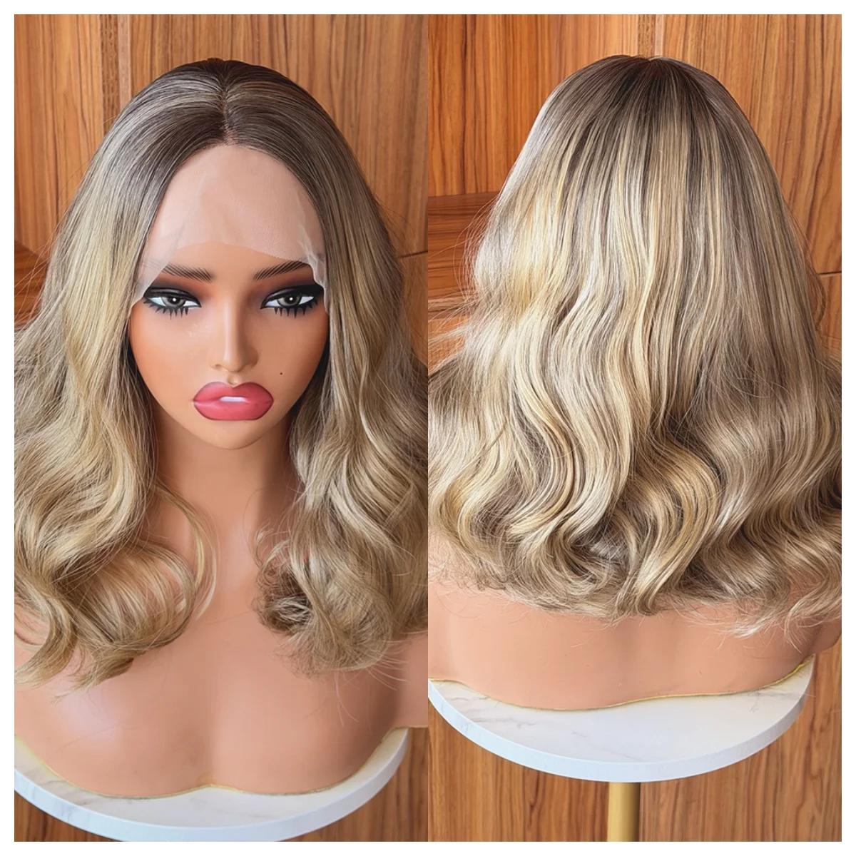 

Synthetic Lace Front Wig Loose Wave Baby Hair Bob Honey Brown Blonde Root Wigs for Women