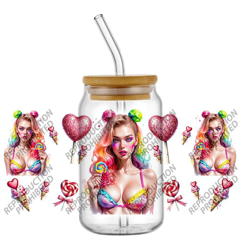 Lollipop candy women UV DTF Transfer Stickers Dipper Mabel Cup Wrap Permanent Waterproof For 16oz Libbey Glass Custom Labels