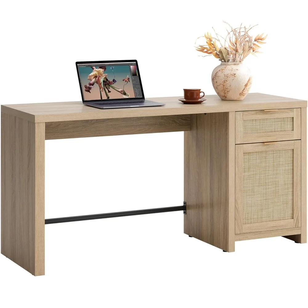 Rattan Home Office Desk with Drawer, 59" Farmhouse Boho Executive Desk with Storage Cabinet, Large Computer Writing, Customized