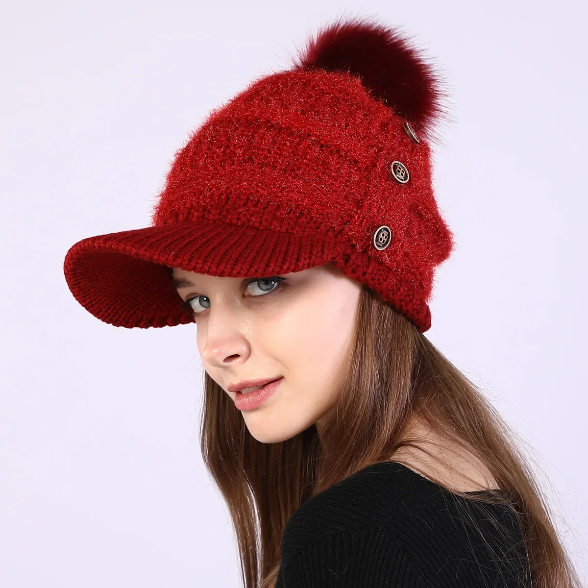 

Autumn And Winter Fashion Female Warm Visors Hat Acrylic Button Soft Hairball Plus Velvet Keep Warm Knitting Caps For Women