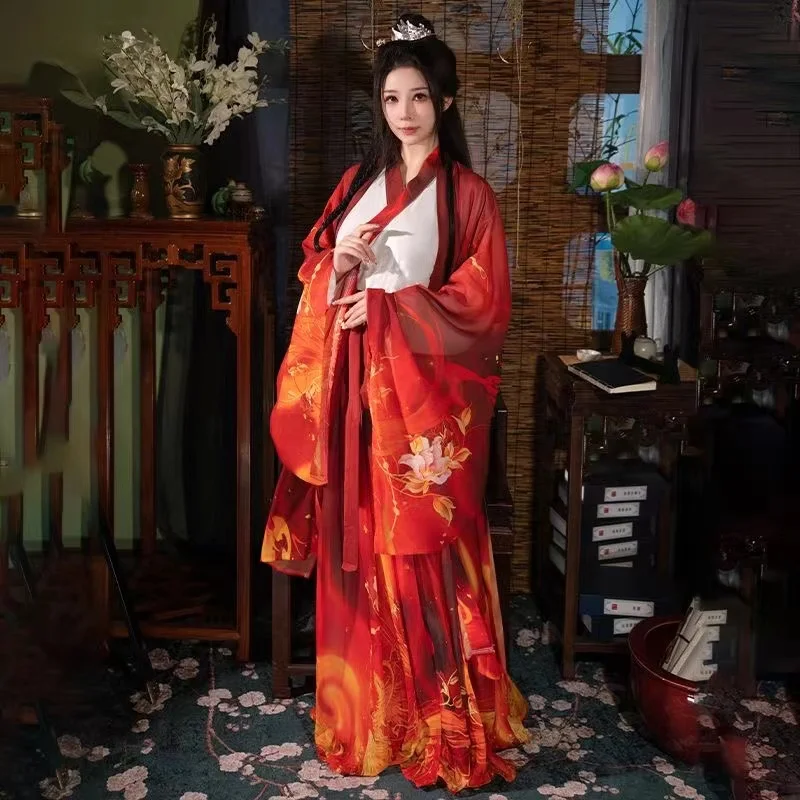 

Women Hanfu Chinese Weijin Period Cross Collar Large Sleeve Printing Costume Traditional Classic Phoenix Autumn Winter Clothing