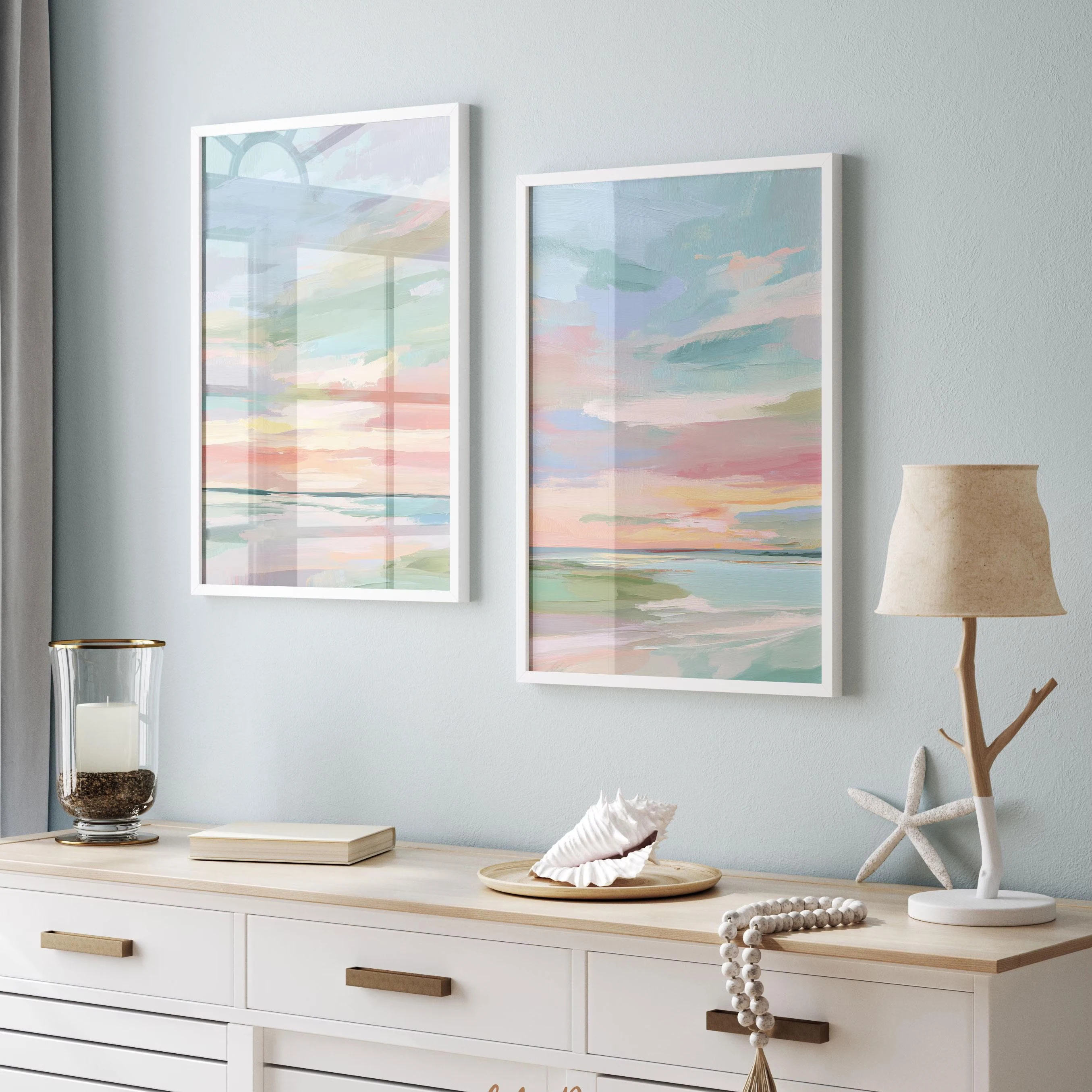 

Coastal Wall Art Set of 2 Pastel Landscape Poster Abstract Ocean Sunset Pastel Toned Beach Painting Canvas Print Art Home Decor