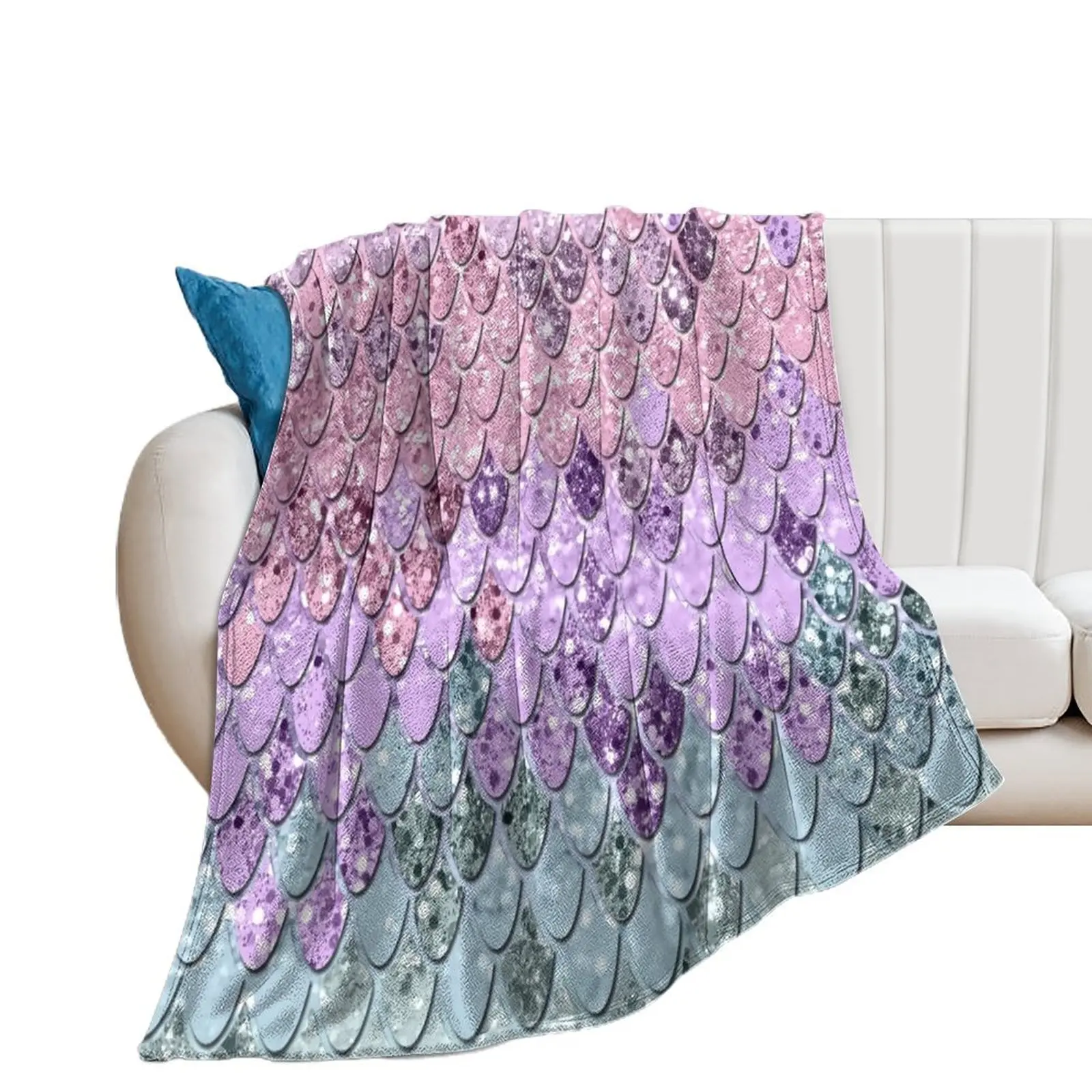 Mermaid Scales with Unicorn Girls Glitter #1 (Faux Glitter) #shiny #pastel #decor #art Throw Blanket blankets ands Blankets