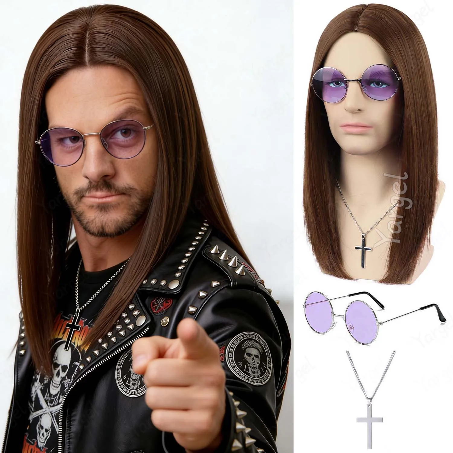 Negro Sintético | Peluca recta marrón + gafas + collar con cruz para hombre, estilo años 80, cantante de heavy metal, rockero, cosplay, divertida y loca, pelucas Ozzy