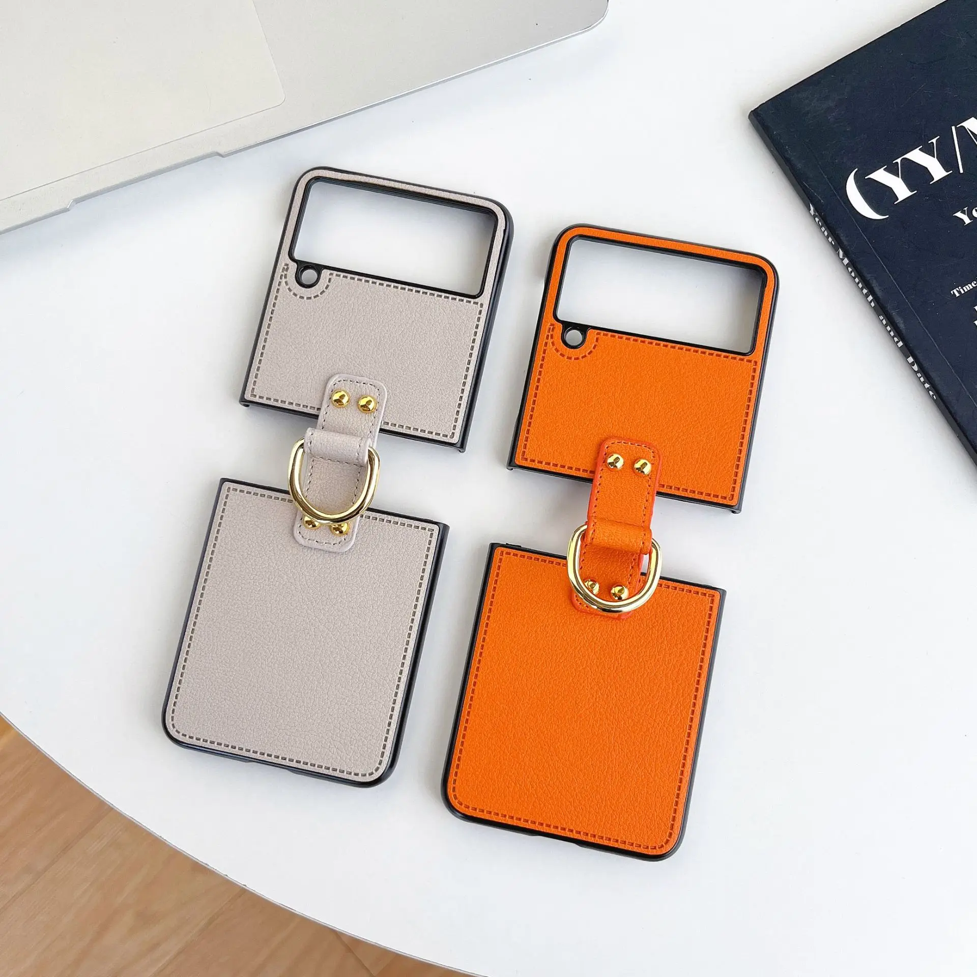 Leder-Handyhülle mit Ringhalter für Samsung Galaxy Z Flip 7 fe 6 5 4 Flip7 Flip6 5G Anti-Fall Matte Cover Nicht-Fingerabdruck
