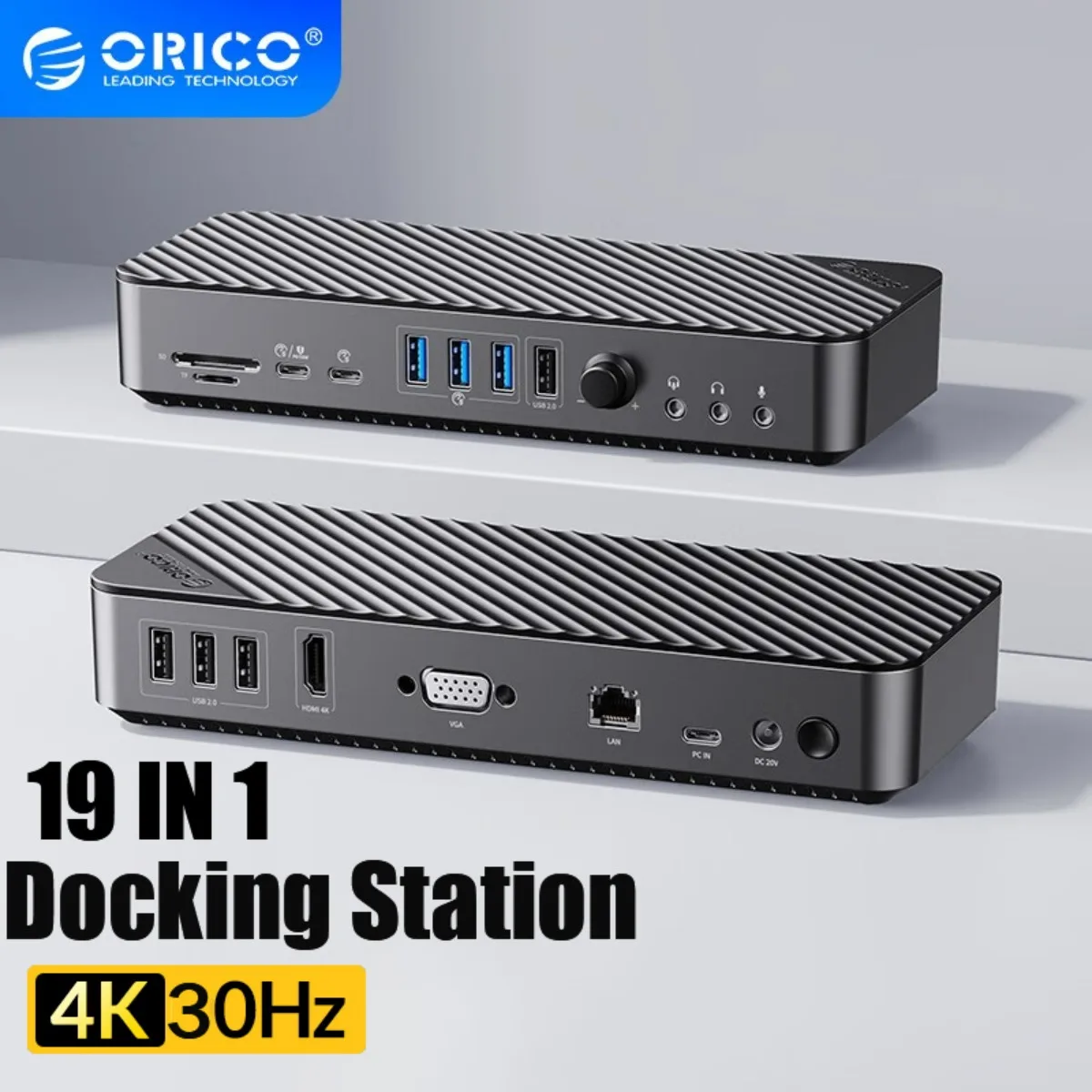 ORICO 19 in 1 Desktop Docking Station Type C to 4K HDMI-Com VGA 3.5mm Audio RJ45 PD USB 3.0 HUB with Volume Adjust Power Adapter