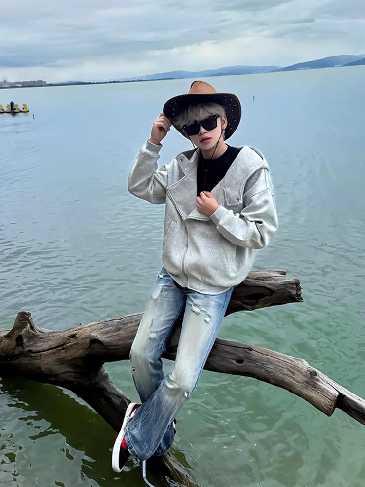 

Американский с капюшоном, открытый кардиган, толстовка, мужская осенняя тяжелая свободная асимметричная повседневная верхняя одежда с двойной молнией