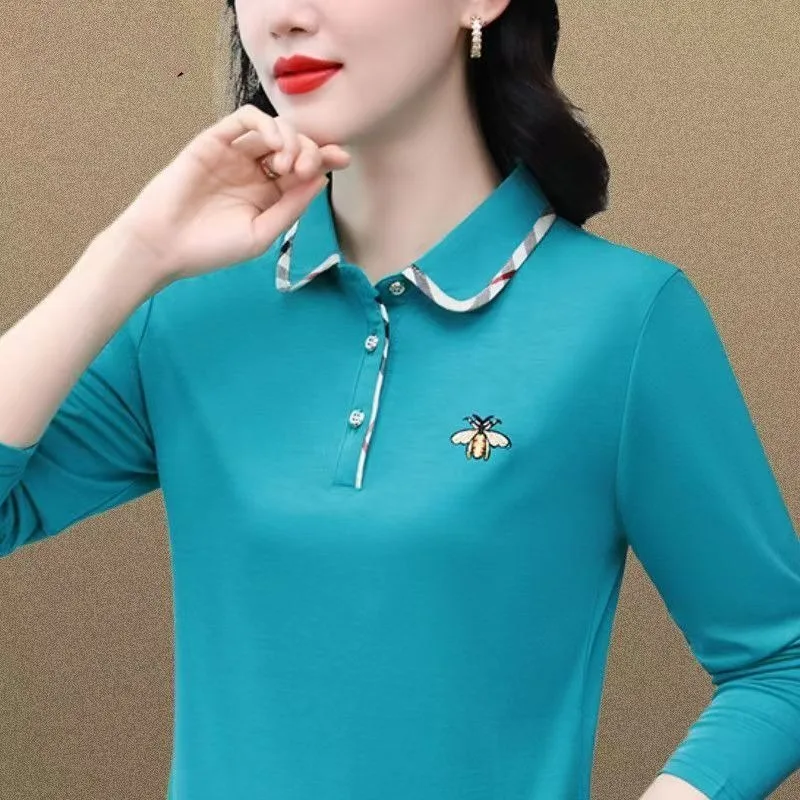 Polo Collar Pure Cotton Polo Shirt Long-Sleeved T-shirt Women\'s Summer 2024 New Mom Middle-Aged Loose Slimming Top