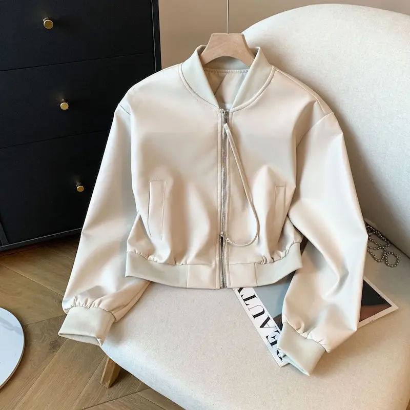 معطف American Sle Baseball Jaet للسيدات للخريف والشتاء كاجوال مستدير Ne فضفاض للتخسيس معطف جلدي متعدد الاستخدامات