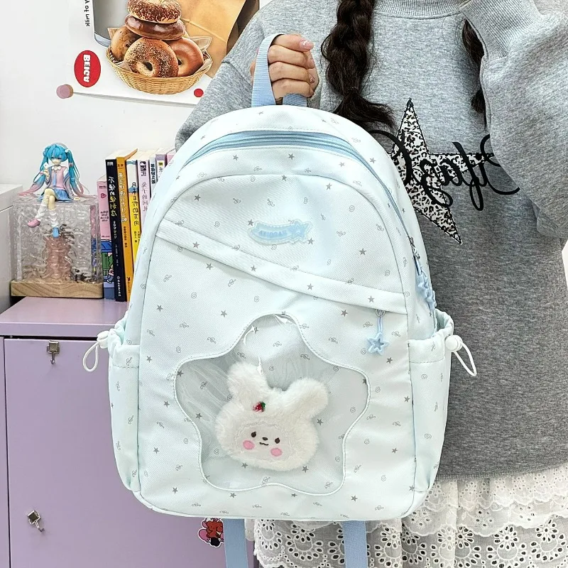 New Anime Dot Nylon Messenger Bag Cute Girl Super Light Student Backpack College Style Light Casual Transparent Star Backpack