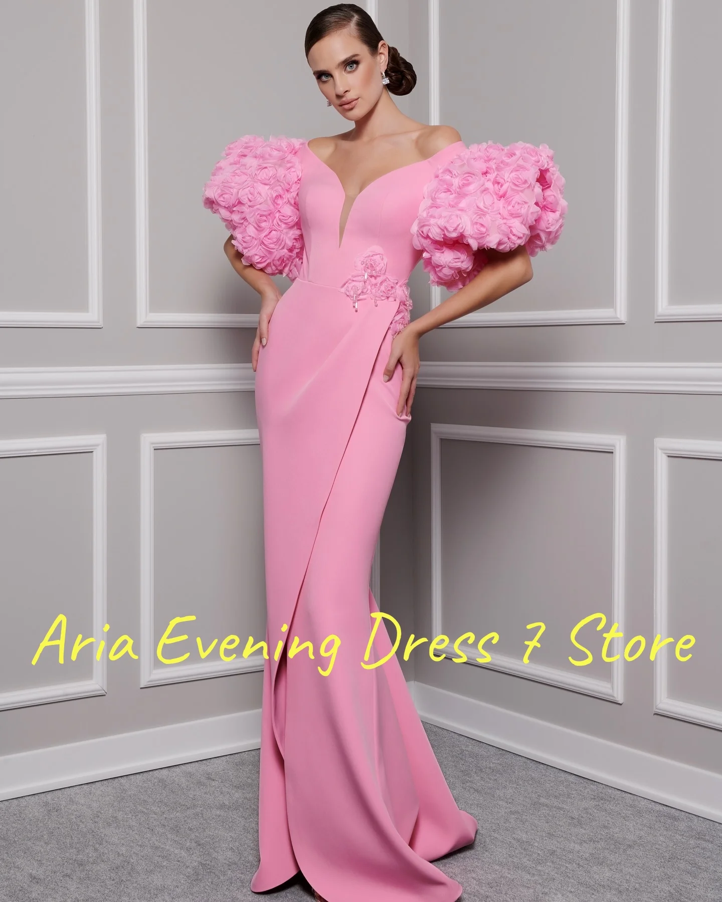 Robe de soirée de forme sirène, Jersey délicat personnalisé, fleurs 3D, tempérament, col en v, robes de célébrité, sur mesure