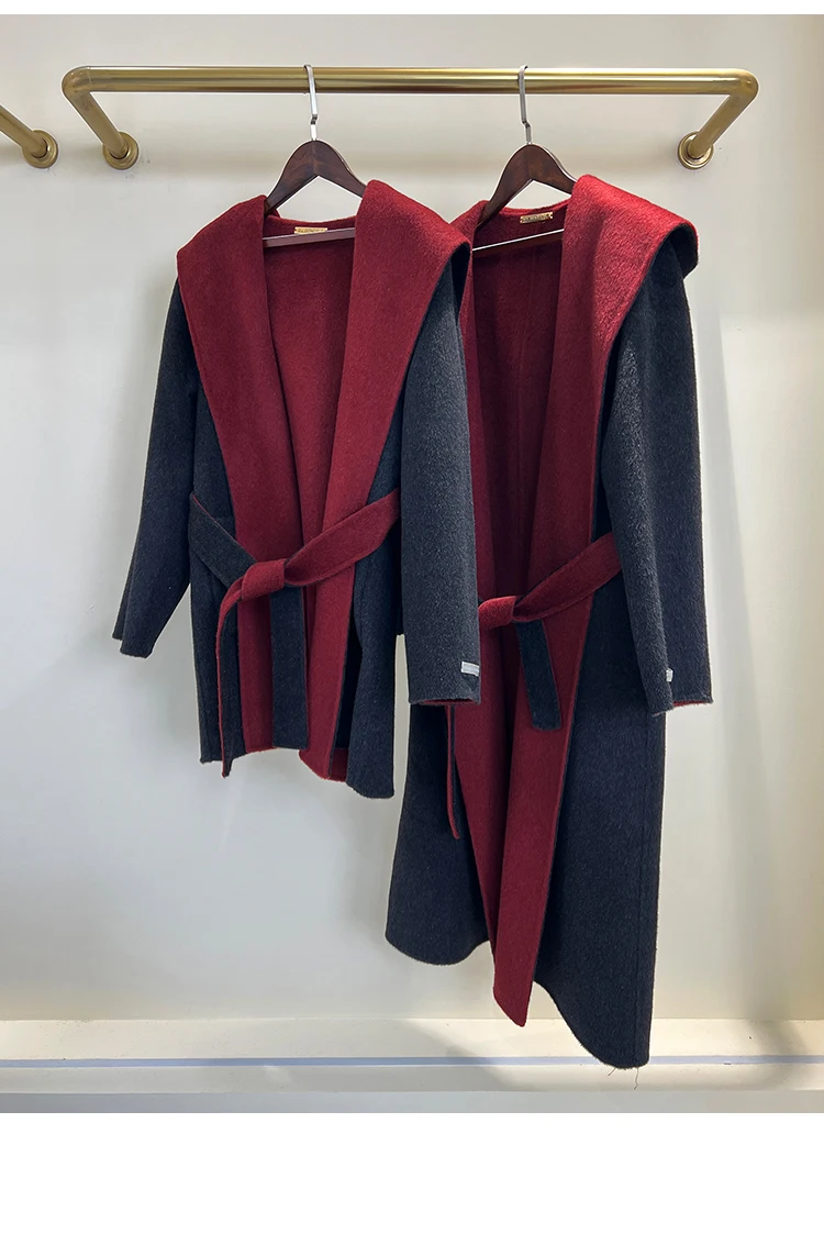

Autumn Winter Women Wool Coat New Luxury Black and Red Contrasting Hooded Versatile Double-sided Cashmere Woolen Coat for Women