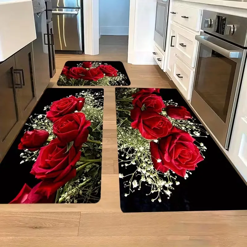 Red Rose Kitchen Floor Mat, Durable T Mat with Vibrant Floral Design for Kitchen, Porch Decor Kitchen Floor Mat