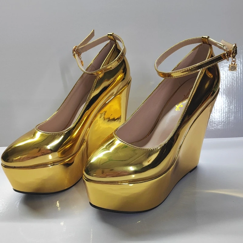 

Luxury Gold Women's Platform Wedge High Heels Shoes 2025 Strap Sexy Wedges Wedding Stripper Fetish Party Dance Shoes Ladies
