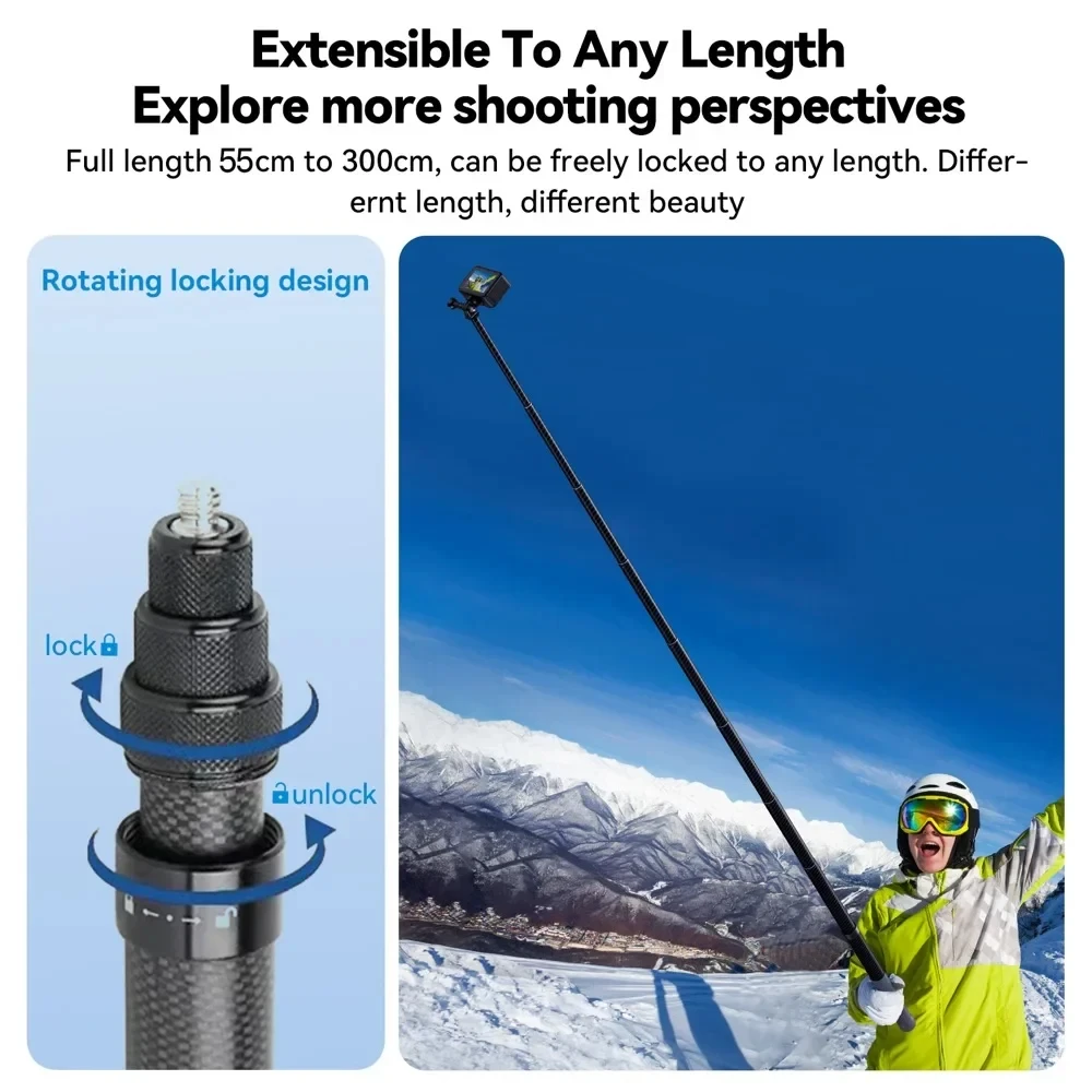 3M Carbon Fiber Selfie Stick for Insta360 X 4/5/ ONE / RS Aluminum Alloy Selfie Stick for GoPro Hero 11 10 9 8 DJI OSMO Action - view 5