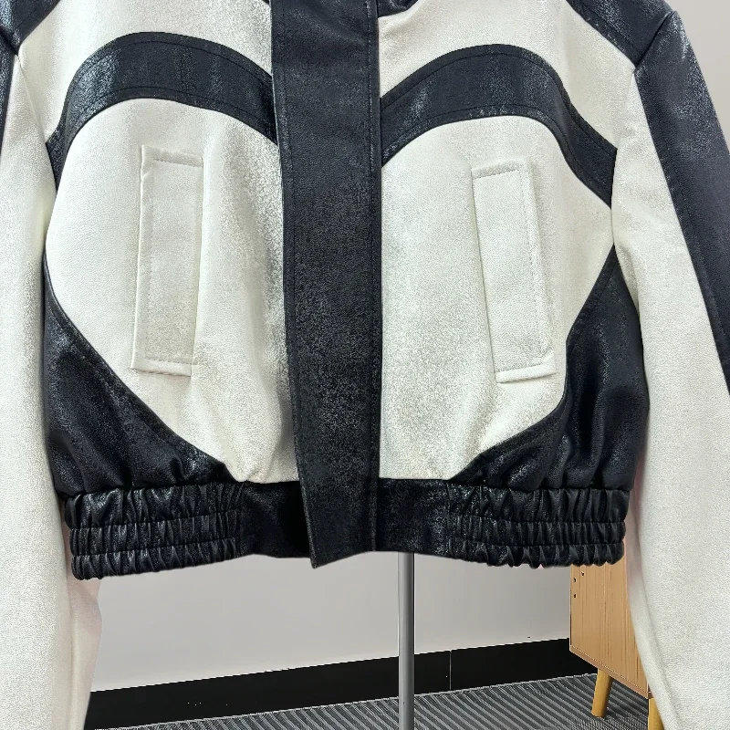 ストリートファッションレタープリントフェイク Pu レザージャケットパッチワークコントラストカラースタンドカラー長袖女性バイカージャケット