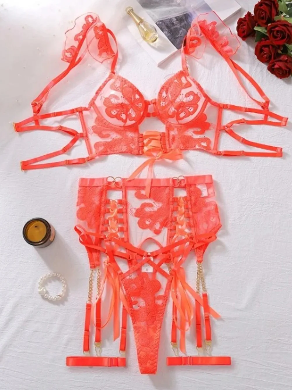 4-Piece Embroidered See-Through Ultra-Thin Bra Hollow Body Shaping Sexy Set For Women Mesh Patchwork Underwear Suit