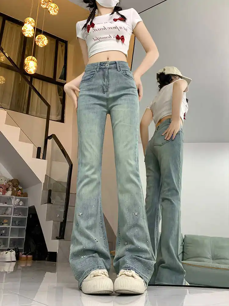 

Fashion Stars Rhinestone Studded Sparkling Flared Jeans Women Spring Summer Slim Fit Denim Bell-bottom Pants Female Trousers