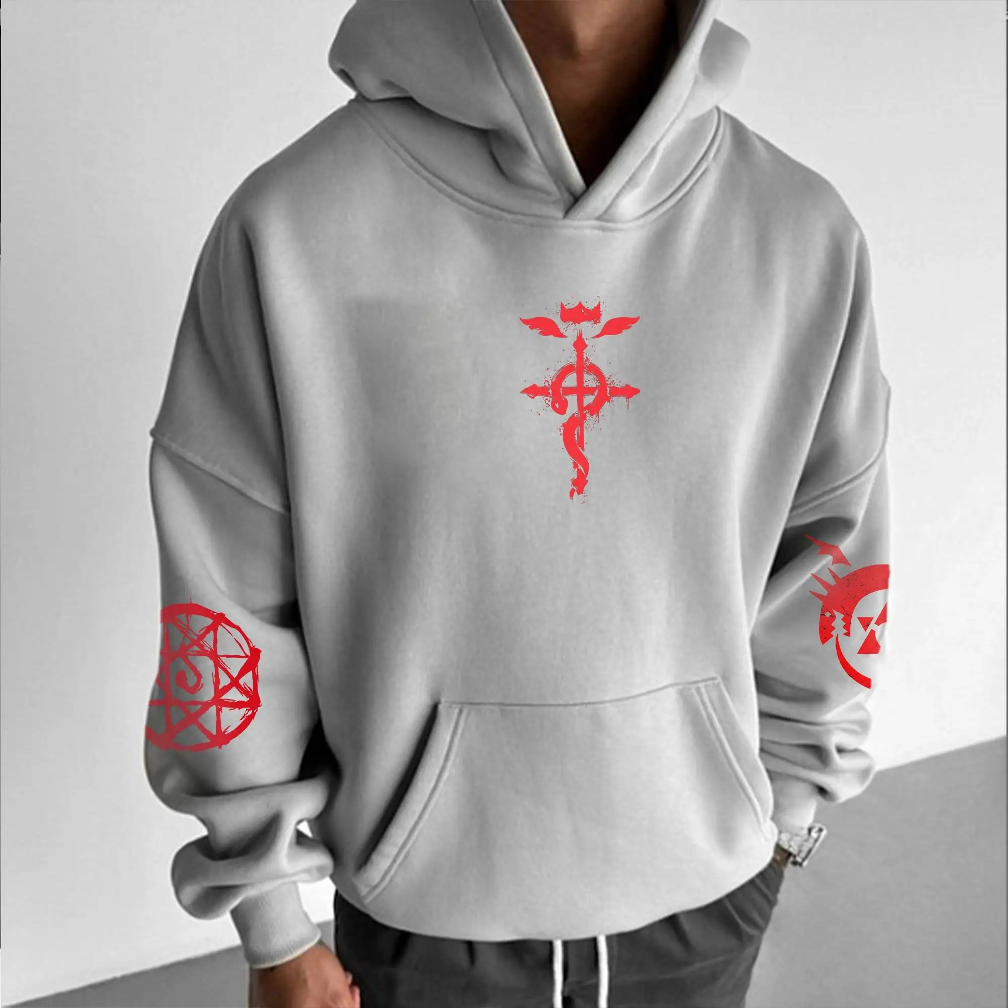 Fullmetal Alchemist Conjunto de sudadera con capucha de algodón gris Anime Edward y Alphonse Elric Diseño de personajes con patrón rojo Manga larga Casual