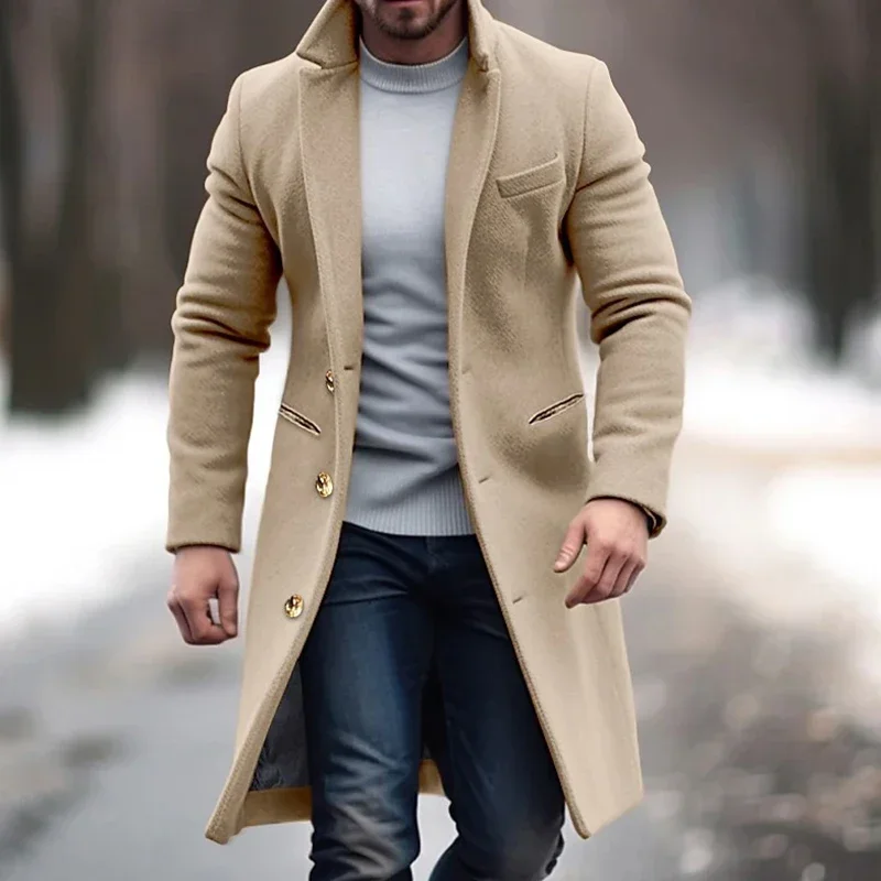 New Mens Mid Length Woolen Coat Winter Men's Single Breasted Wool Coat 2024 Mens Suit Collar Solid Color Office Pocket Jacket