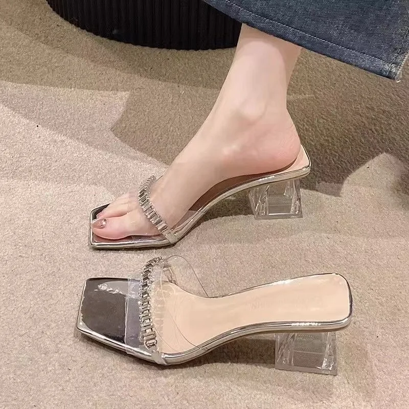 Square Toe Women Slippers 2024 Summer New Fashion Soft Luxury Slides Women Designer  High Heel Slippers Female Sandalias Mujer