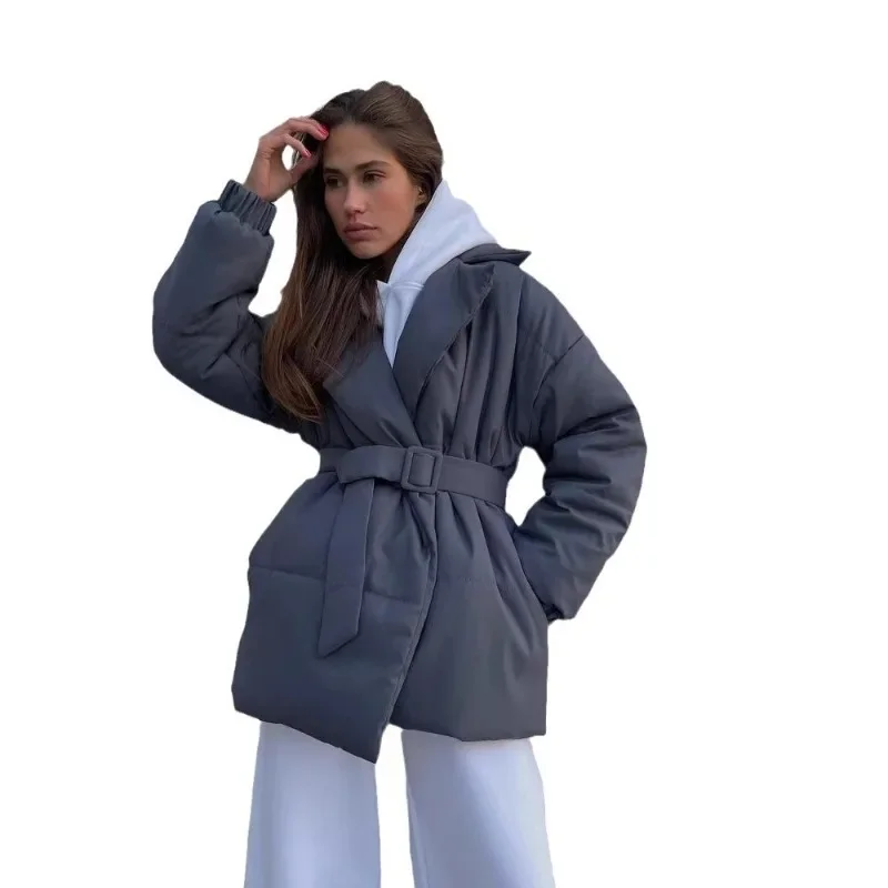 

Winter Lace Up Pocket FashionWomen's Lapels with Belt Coats Long Sleeves Thickening Slim Solid Color Cotton Jackets
