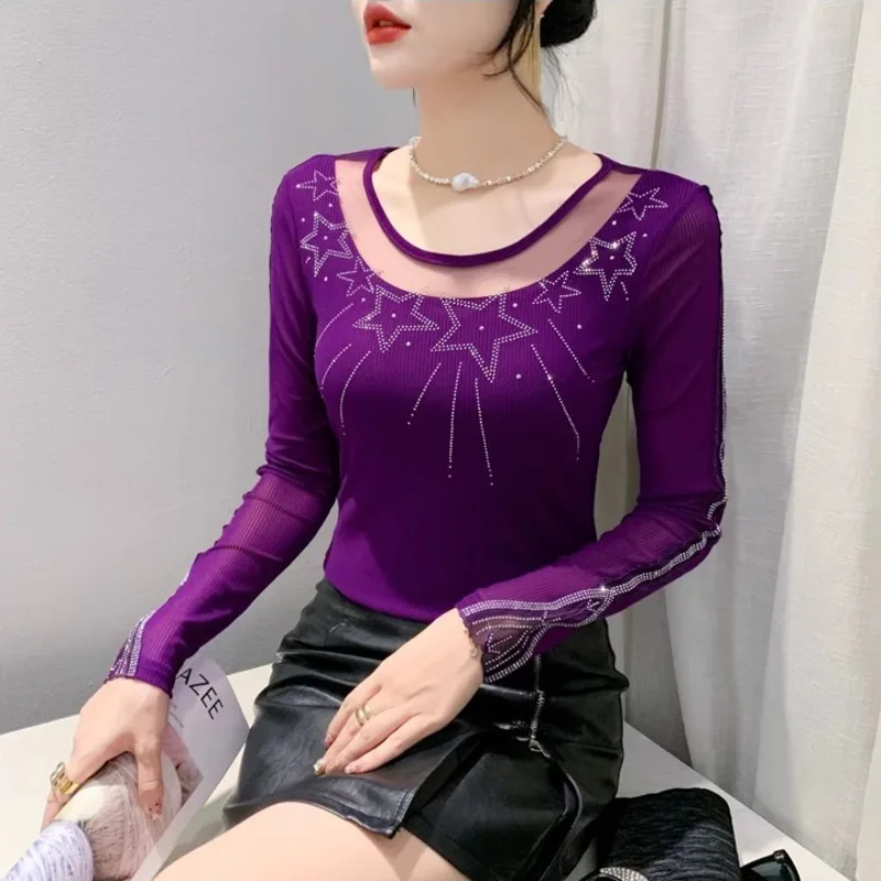 

#8962 Black Purple Long Sleeve T Shirt Women Round Neck Split Joint Mesh T-Shirt Female Slim Thin Elastic Short Tshirt Diamonds