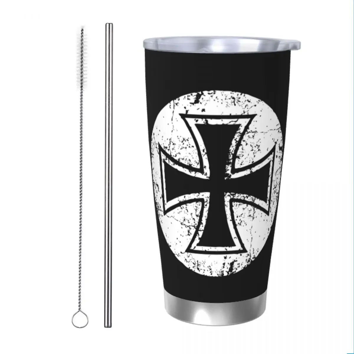 German Iron Cross Templar Knight Insulated Tumbler with Straws Germany Flag Vacuum Thermal Mug Outdoor Hot Cold Drinks Cup