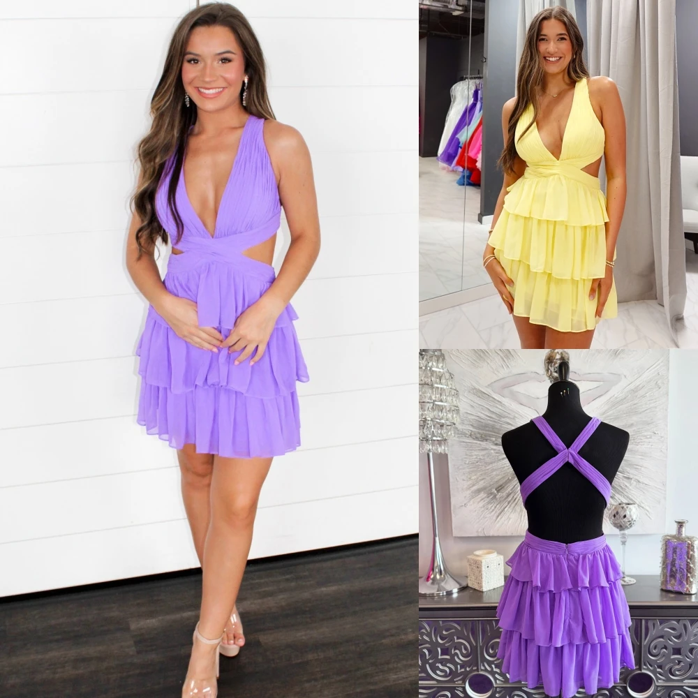

Lilac Cocktail Party Dress Tier Ruffled Skirt Side Cutout Yellow Semi Formal Hoco Gala Graduation Gown Pageant Interview Holiday