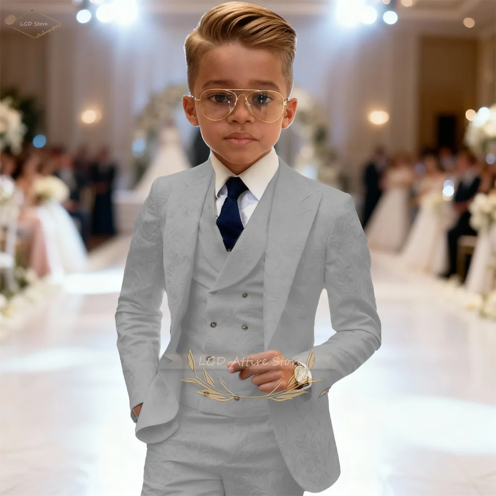 Kids Boys 3 Piece Intricate Jacquard Texture Blazer Suit Vest Trousers Elegant Gentleman Wedding Ceremony Formal Dress