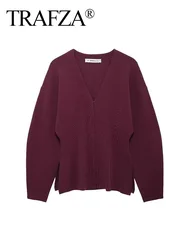 TRAFZA autunno donna elegante lavorato a maglia cappotti solidi moda bordeaux rosso scollo a v Cardigan sottile ufficio signora Chic capispalla manica lunga