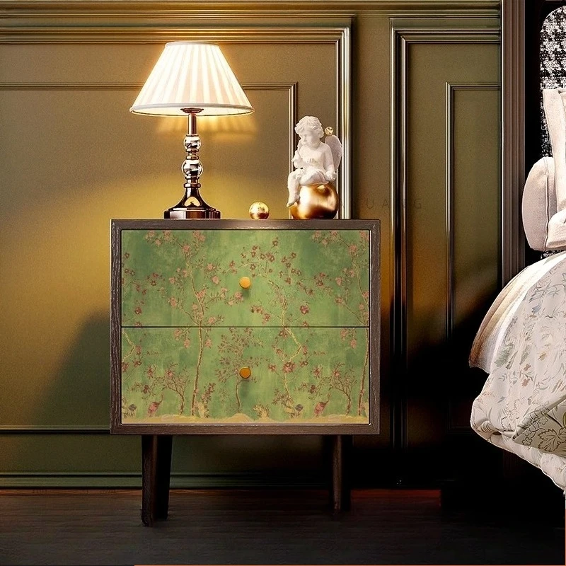 

French retro green flower and bird solid wood bedside table household bedroom bedside storage decorative cabinet