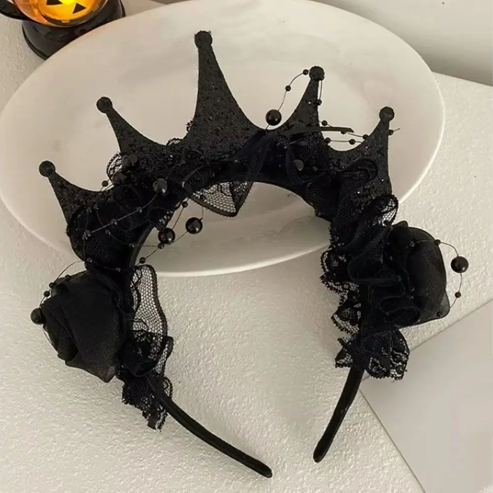 Gothic Women's Black Headdress Elegant Dark Style Black Rose Lace Crown Adjustable Lightweight Halloween Hair Hoop