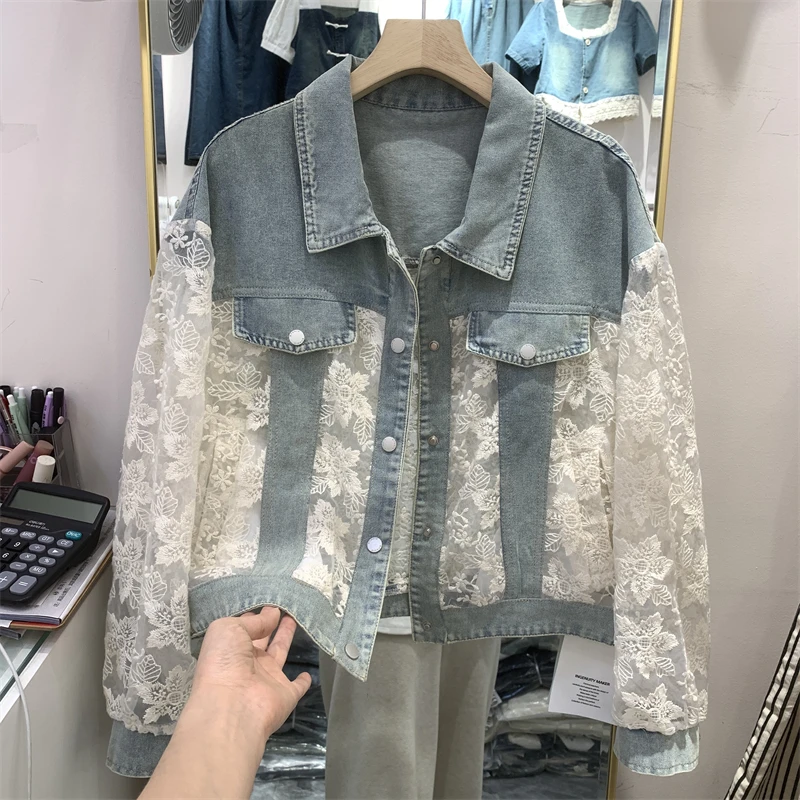 2026 Summer New Streetwear Embroidery Lace Patchwork Sexy Denim Jacket Women Frayed Tassel Loose Korea Blue Jean Coat Outwear